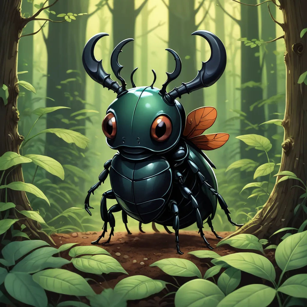 a bug with horns and horns standing in the middle of a forest with leaves on the ground and a forest floor, fantasy art, a character portrait, Craola, magic the gathering artwork