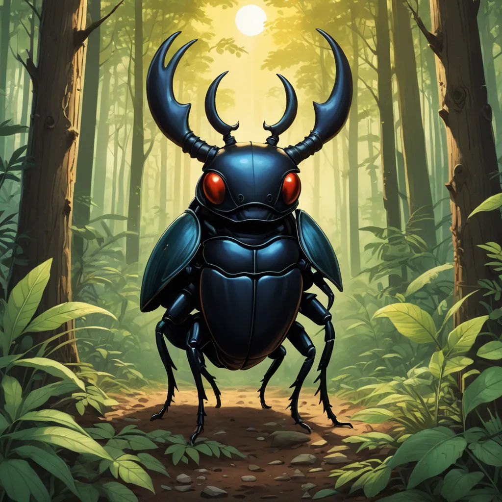 a bug with horns and red eyes standing in a forest with trees and leaves on the ground, with a bright light shining on the ground, altermodern, a character portrait, Craola, magic the gathering artwork