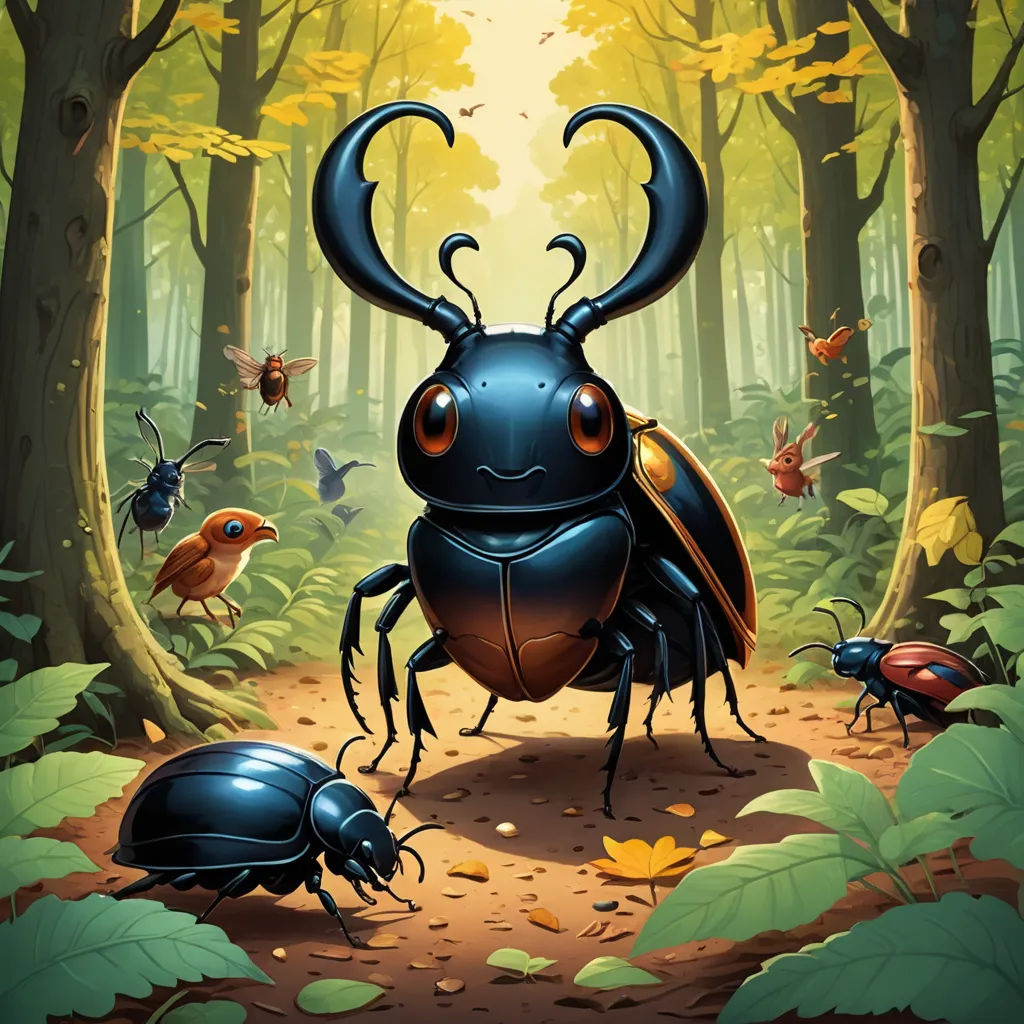 a bug with a long antennae standing in the middle of a forest with other bugs around it and a bird on the ground, fantasy art, a storybook illustration, Craola, magic the gathering artwork