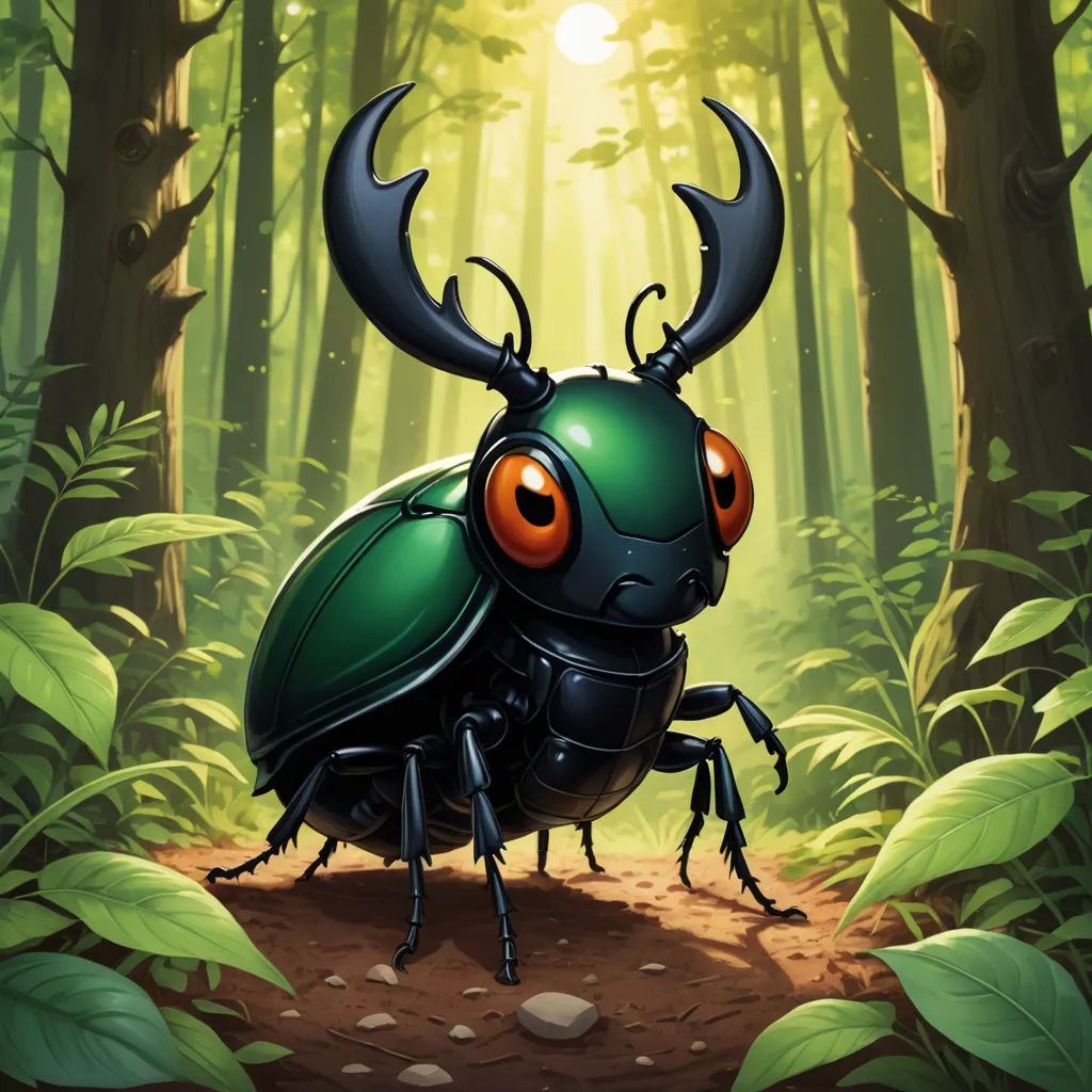 a bug with big eyes standing in the middle of a forest with leaves and a sun shining through the trees, fantasy art, a character portrait, Craola, magic the gathering artwork