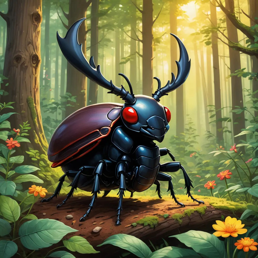a bug with red eyes standing on a log in the forest with flowers and trees around it, with sunlight shining through the trees, fantasy art, a character portrait, Craola, magic the gathering artwork