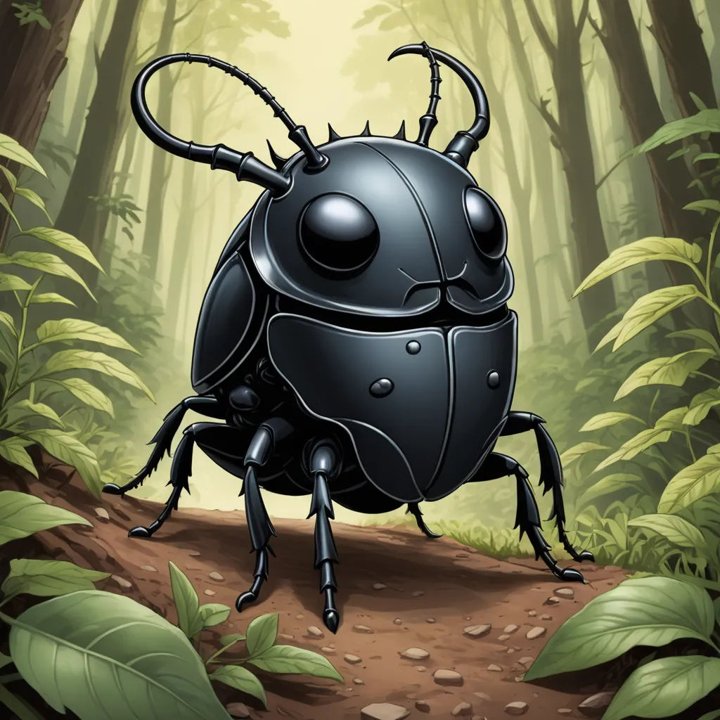 a black bug walking through a forest filled with green leaves and trees, with a path leading to it, fantasy art, a character portrait, Craola, magic the gathering artwork