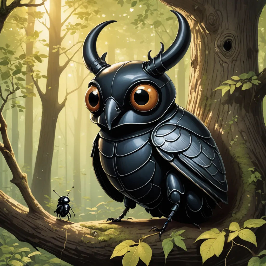 a black bird with horns sitting on a tree branch in a forest with a beetle crawling on it's back, fantasy art, a storybook illustration, Craola, highly detailed digital painting