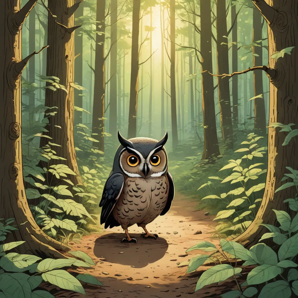 an owl standing on a path in a forest with sunlight coming through the trees and leaves on the ground, fantasy art, a storybook illustration, Dan Mumford, storybook illustration
