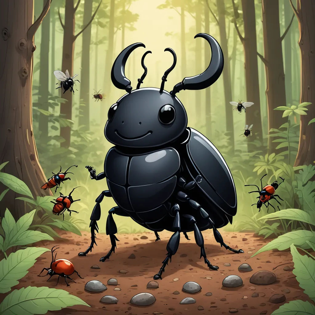 a black bug standing in the middle of a forest with other bugs around it and a sun shining through the trees, fantasy art, a storybook illustration, Craola, highly detailed digital art
