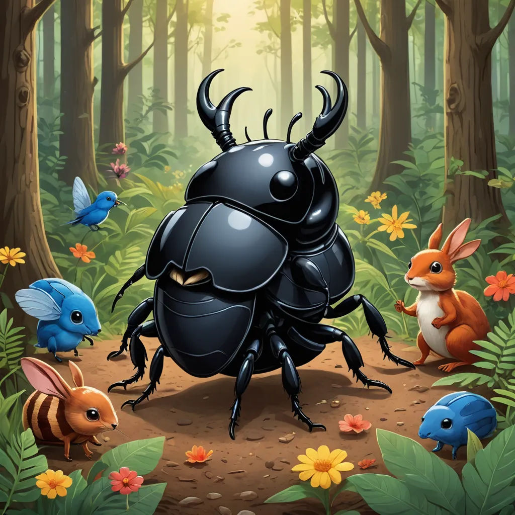 a black bug surrounded by other bugs in a forest with flowers and butterflies around it, and a blue bug in the middle of the picture, fantasy art, a storybook illustration, Craola, highly detailed digital painting