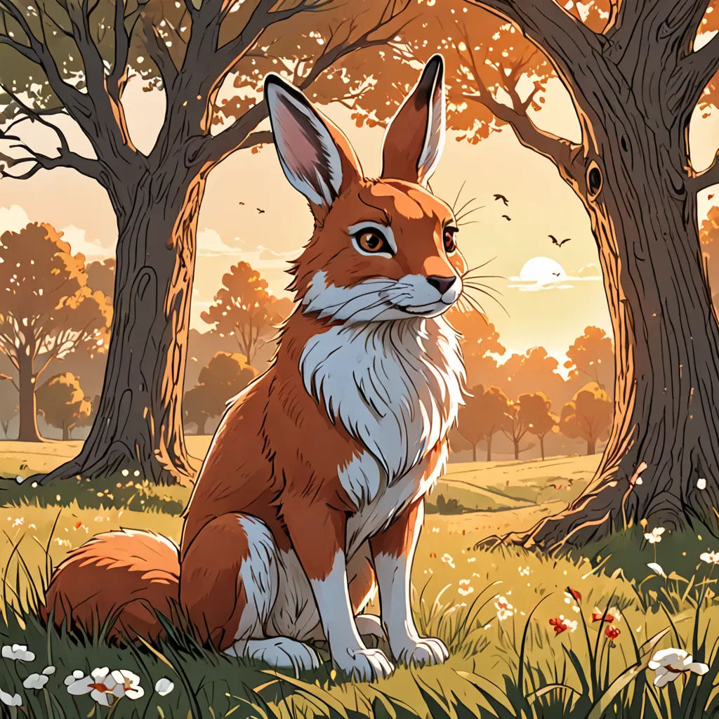 a painting of a fox sitting in the grass near trees and flowers in the background, with a sunset in the background, furry art, a storybook illustration, Chris LaBrooy, josan gonzales and dan mumford