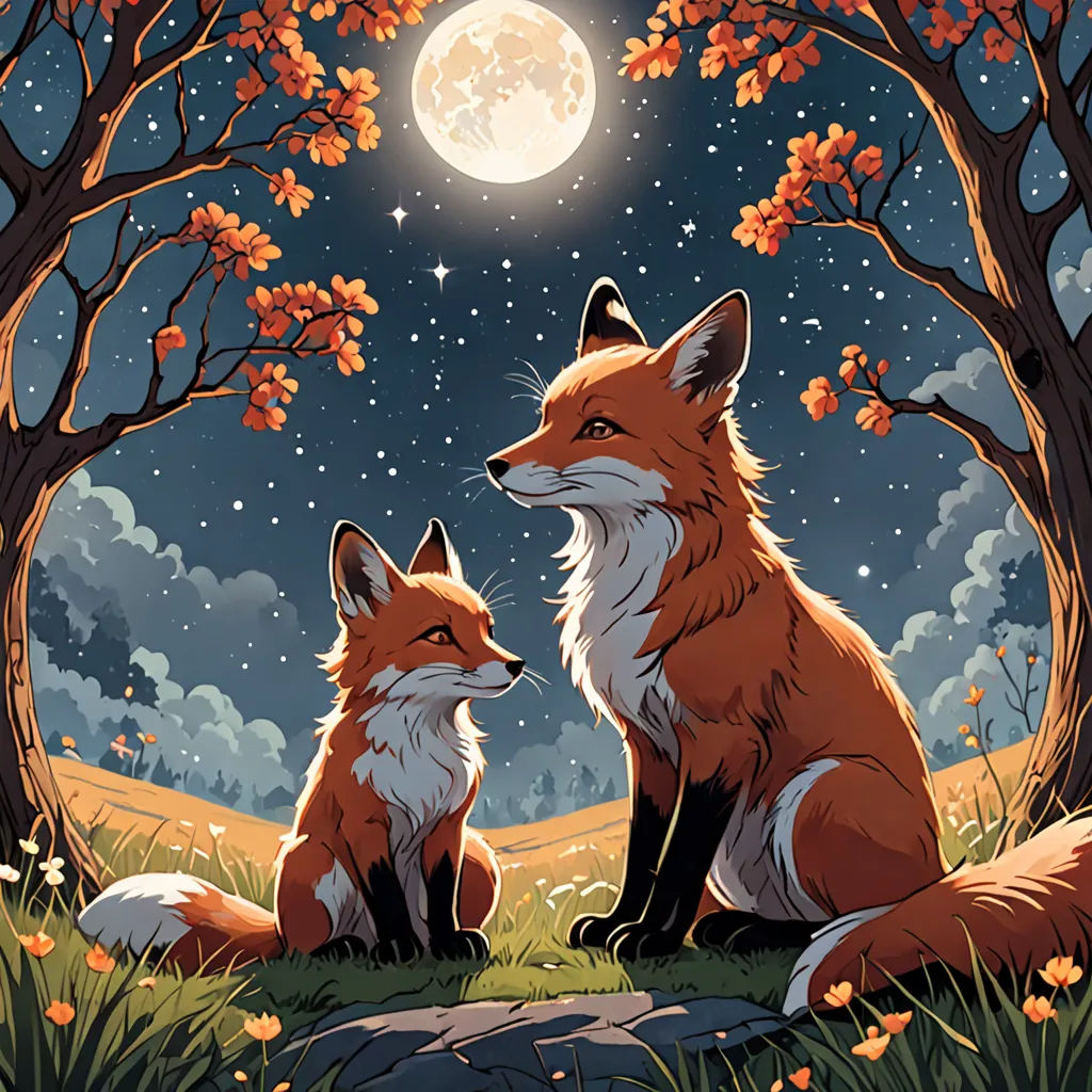 a couple of foxes sitting next to each other under a tree at night with the moon in the sky, furry art, a storybook illustration, Dan Mumford, official art