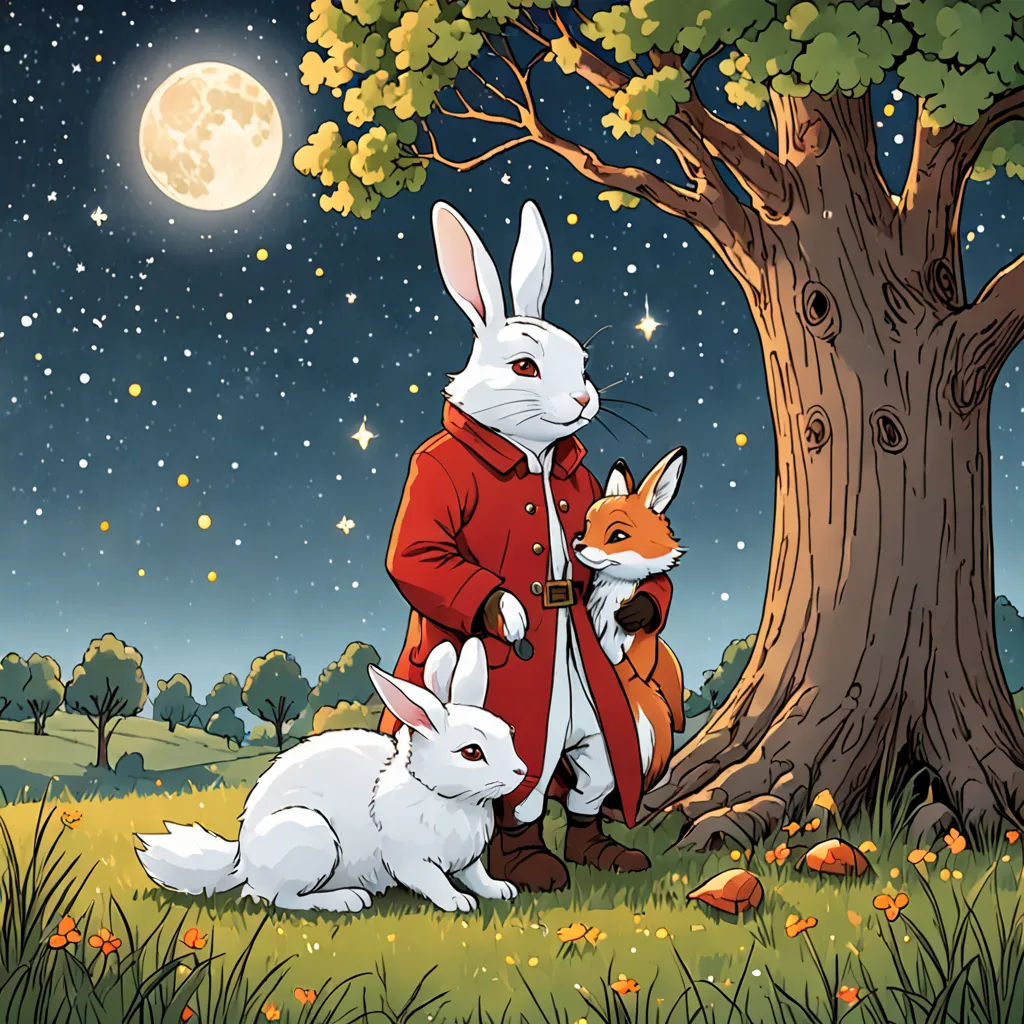 a man in a red coat and two rabbits under a tree at night with the moon in the sky, magical realism, a storybook illustration, Beatrix Potter, comic cover art