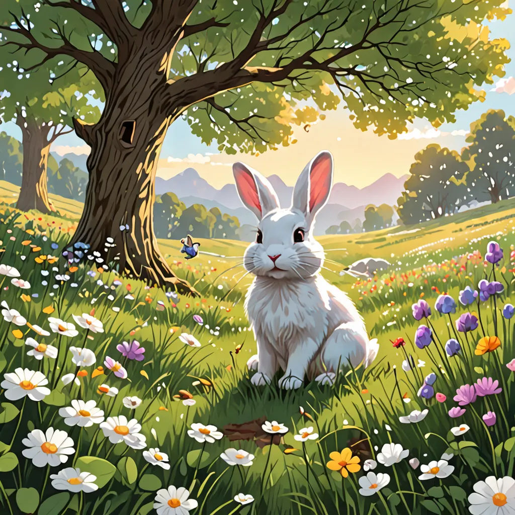 a painting of a rabbit sitting in a field of flowers next to a tree and a butterfly flying over it, naive art, a storybook illustration, Chris LaBrooy, official art