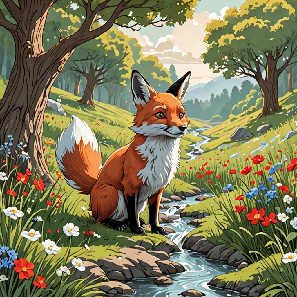 a painting of a fox sitting on a rock in a forest with flowers and trees around it, looking at the camera, fantasy art, a storybook illustration, Dan Mumford, storybook illustration