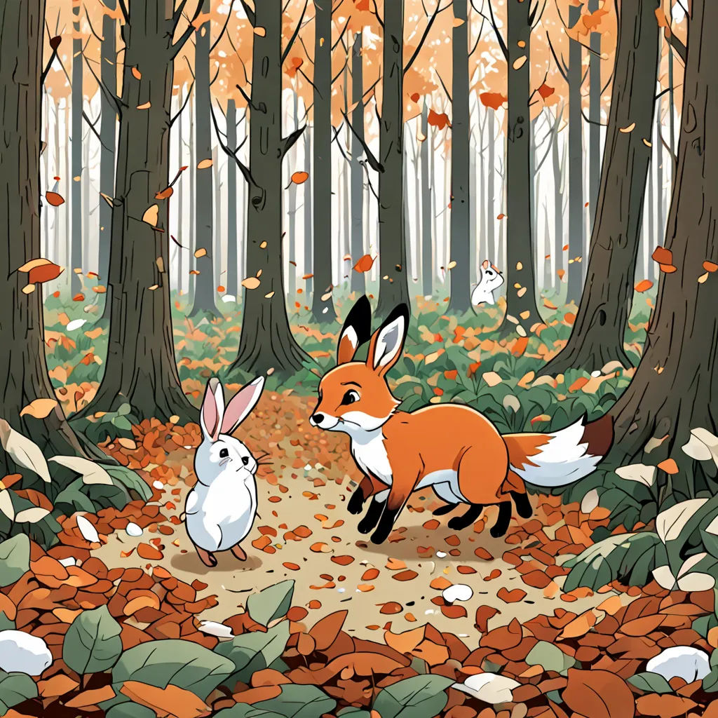 a couple of animals that are in the woods together in the leaves and leaves on the ground and trees, furry art, a storybook illustration, Diego Gisbert Llorens, storybook illustration