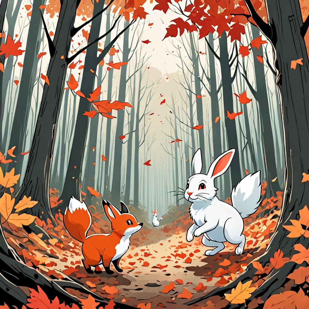 a cartoon of two rabbits running through a forest with leaves on the ground and a trail in the background, furry art, a storybook illustration, Diego Gisbert Llorens, storybook illustration