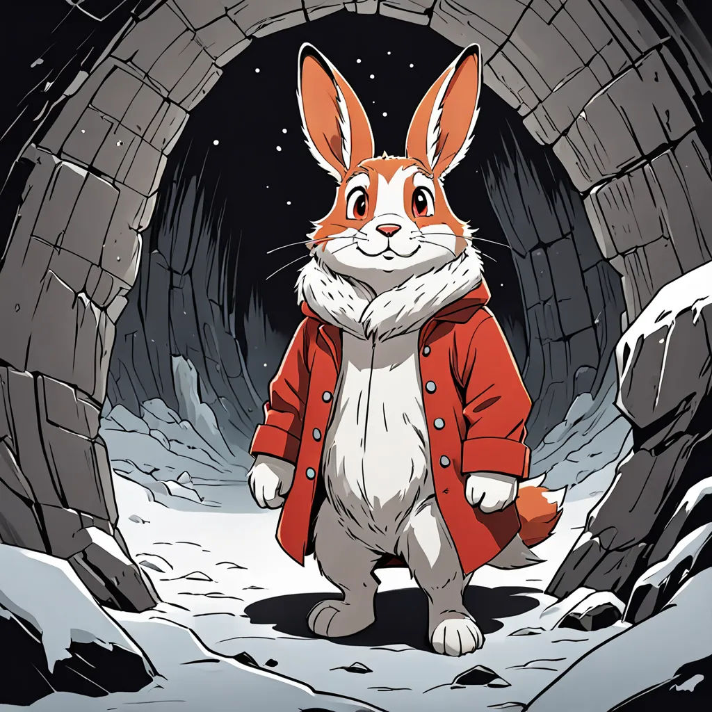 a cartoon rabbit in a red coat standing in a tunnel with snow on the ground and a snow covered ground, underground comix, a character portrait, Beatrix Potter, octopath traveler