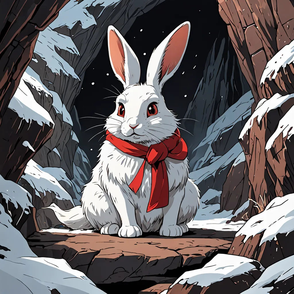 a white rabbit wearing a red scarf sitting in a cave with snow on the ground and rocks around it, furry art, a storybook illustration, Dan Mumford, josan gonzales and dan mumford