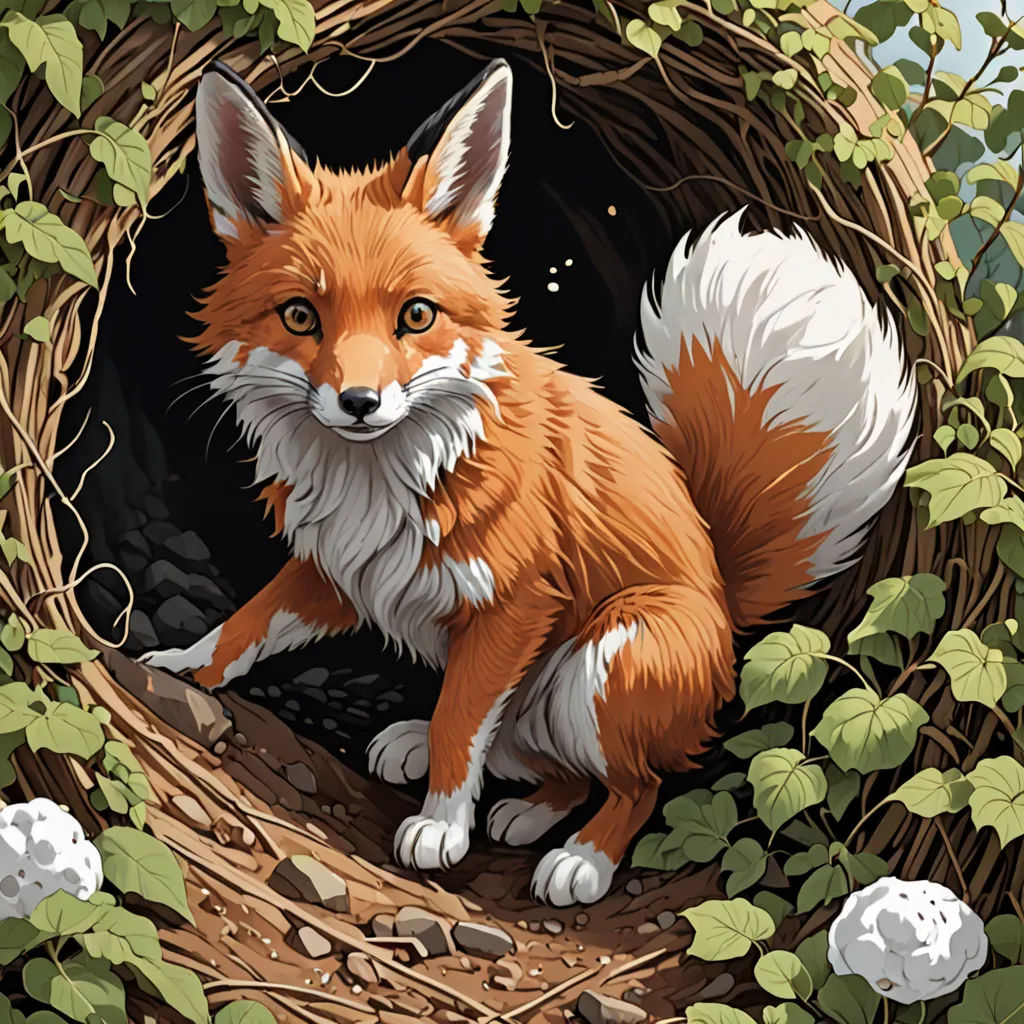 a red fox sitting in a nest with ivy around it's sides and eyes open, with a white ball in the middle of the nest, furry art, a storybook illustration, Chris LaBrooy, highly detailed digital painting