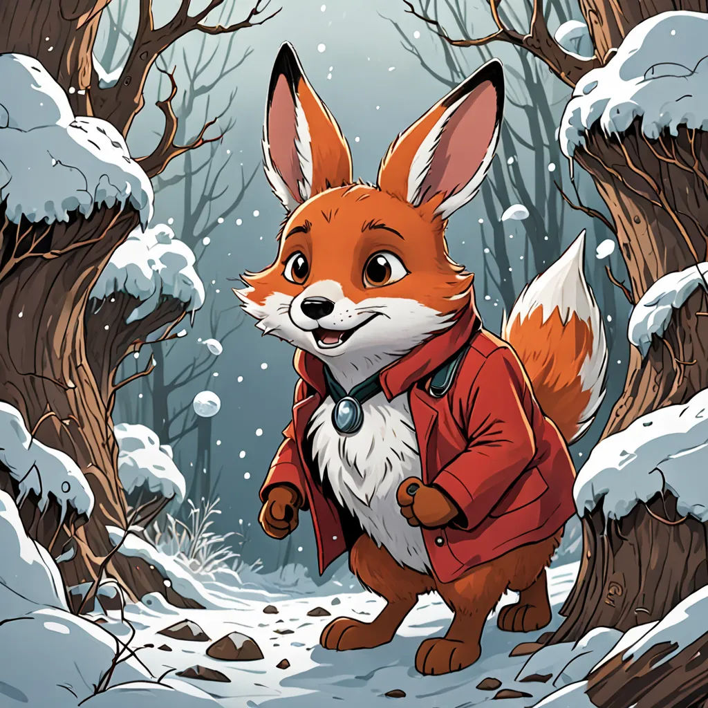 a cartoon fox in a red jacket is walking through the snow in a snowy forest with trees and snow, furry art, a storybook illustration, Diego Gisbert Llorens, official art