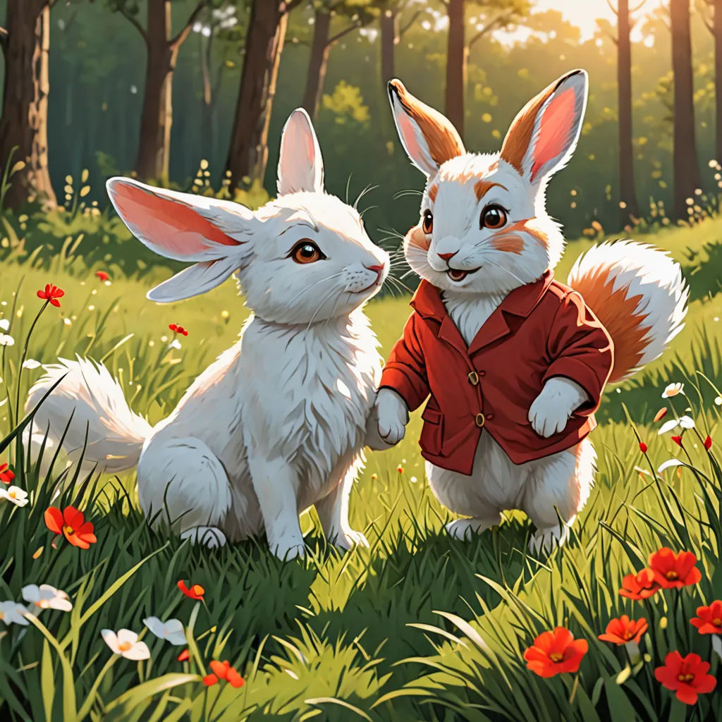 a painting of two rabbits in a field of flowers and grass with trees in the background and one of them is holding the other's hand, furry art, a storybook illustration, Chris LaBrooy, official art