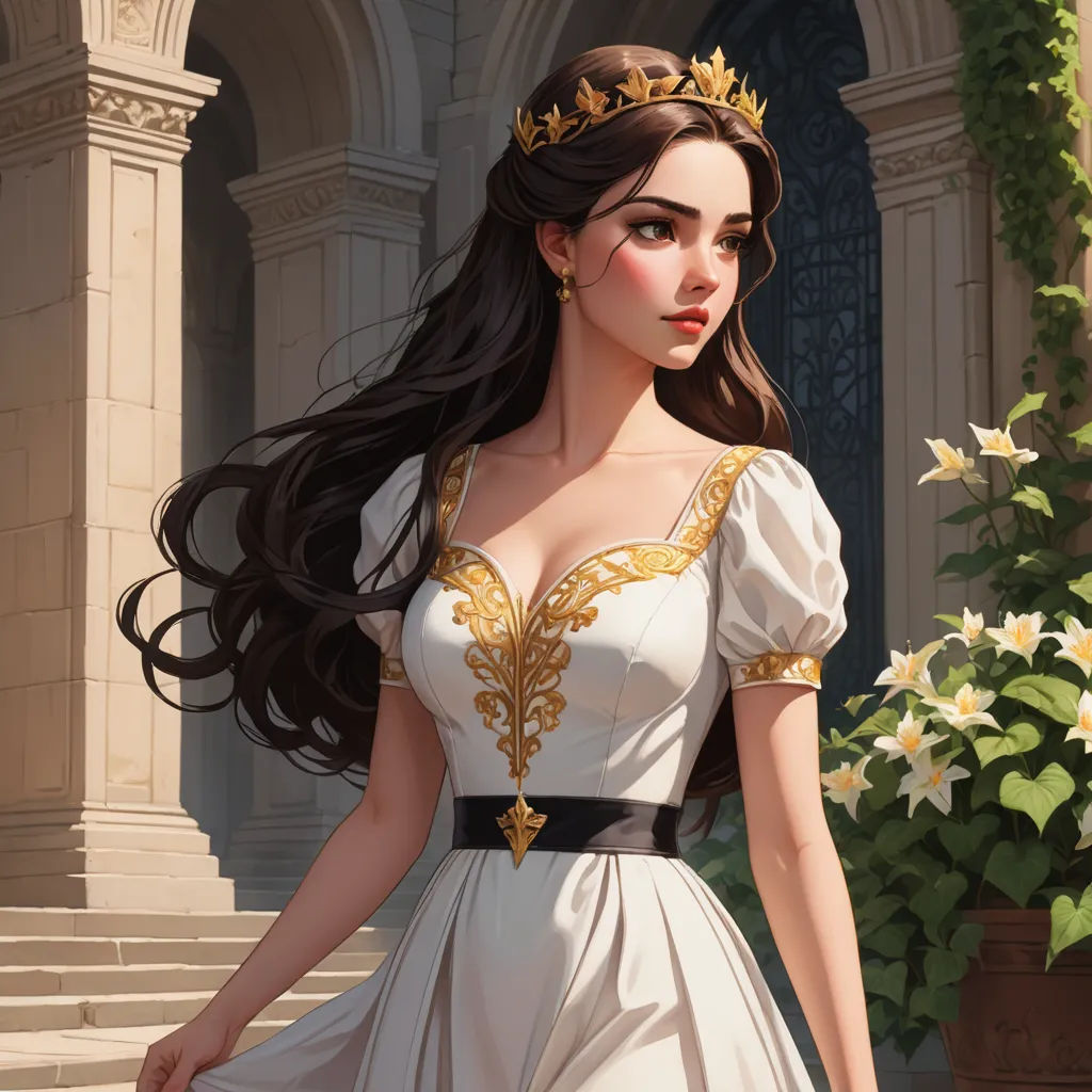 a woman in a white dress with a gold crown on her head and long hair, standing in front of a building, fantasy art, a detailed painting, Charlie Bowater, rossdraws global illumination