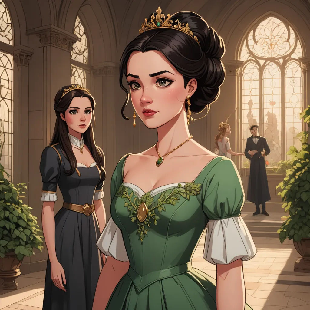 a woman in a green dress standing next to a man in a suit and tie in a palace setting, fantasy art, a detailed painting, Charlie Bowater, game art