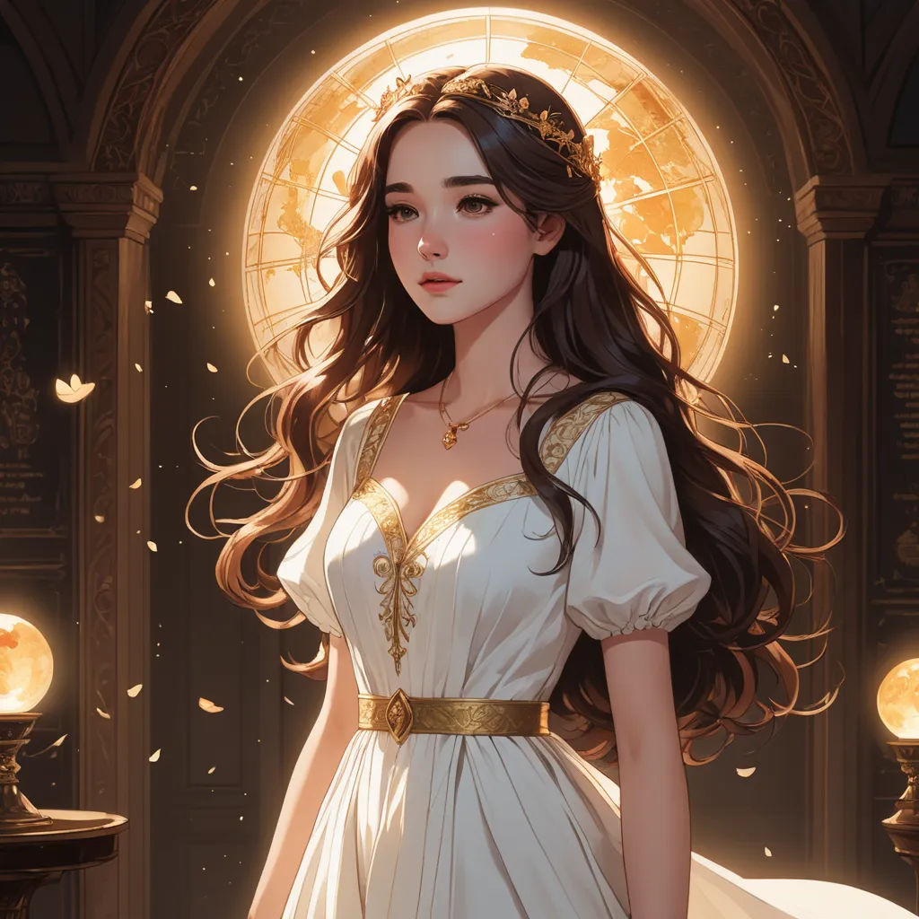 a woman in a white dress standing in front of a window with a golden halo around her head and a golden necklace on her neck, fantasy art, a detailed painting, Charlie Bowater, rossdraws global illumination