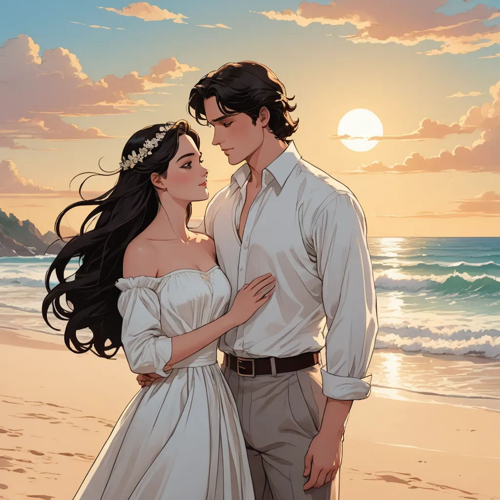 a man and a woman standing on a beach next to the ocean at sunset with the sun setting behind them, neo-romanticism, a storybook illustration, Artgerm, rossdraws global illumination