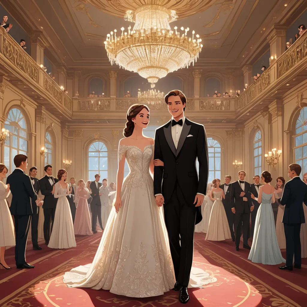 a man and woman in formal wear standing in a ballroom with a crowd of people in the background,, fantastic realism, a storybook illustration, disney, official art