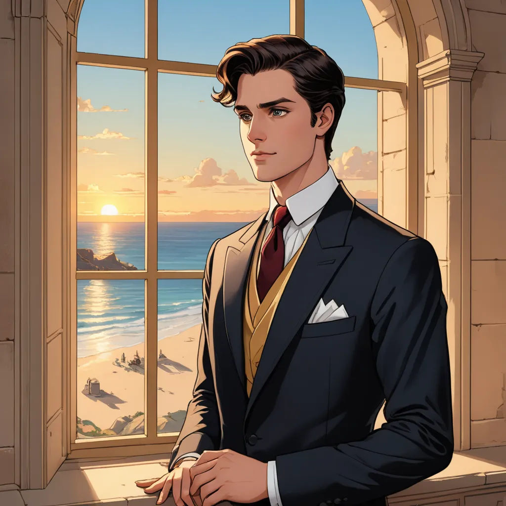 a man in a suit standing in front of a window with a sunset view of the ocean and a beach, sots art, a character portrait, Everett Warner, official art
