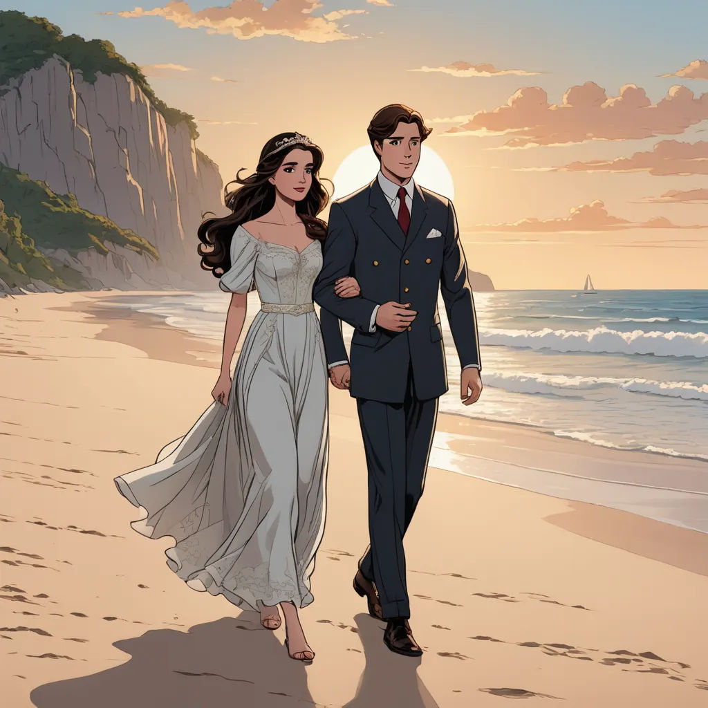 a man and a woman walking on a beach next to the ocean at sunset with a sailboat in the background, neo-romanticism, a storybook illustration, Edwin Georgi, official art