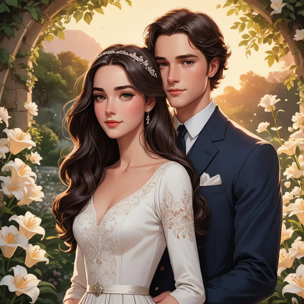 a painting of a couple in a garden with roses and a archway in the background, with a man in a suit and a woman in a white dress, sots art, a storybook illustration, Conroy Maddox, key art