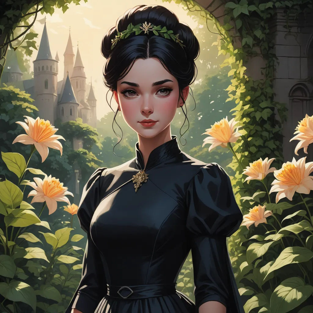 a painting of a woman in a black dress in a garden with flowers and a castle in the background, fantasy art, a detailed painting, Charlie Bowater, stanley artgerm lau