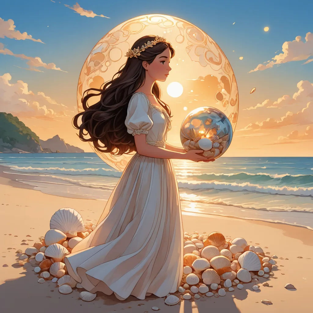 a woman in a white dress holding a ball on a beach with shells around her and a sunset in the background, fantasy art, a detailed painting, Cyril Rolando, rossdraws global illumination