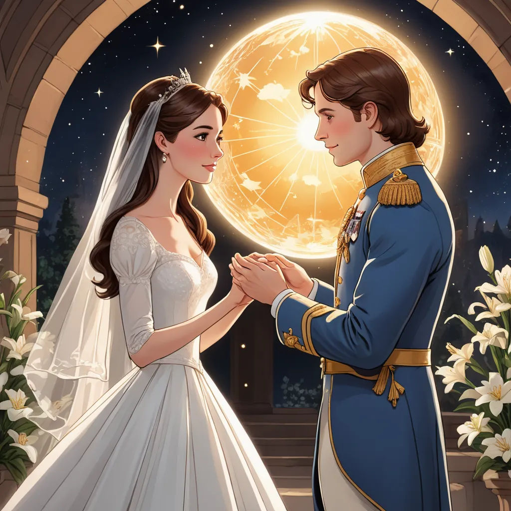 a cartoon of a bride and groom holding hands in front of a full moon and stars background with flowers, sots art, a storybook illustration, disney, rossdraws global illumination