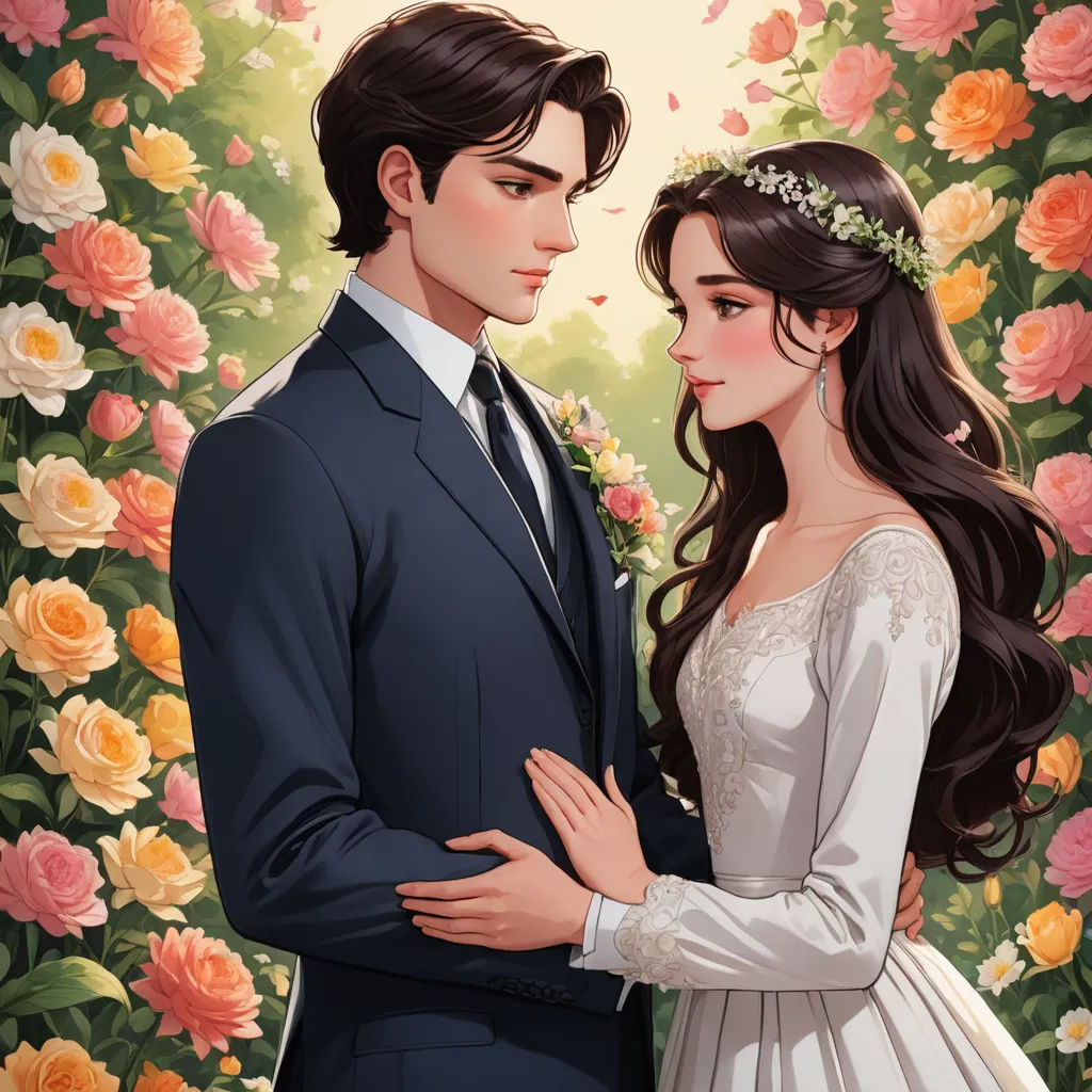 a couple in a wedding dress standing next to each other in front of a flower covered wall with roses, romanticism, a storybook illustration, Chen Lin, key art