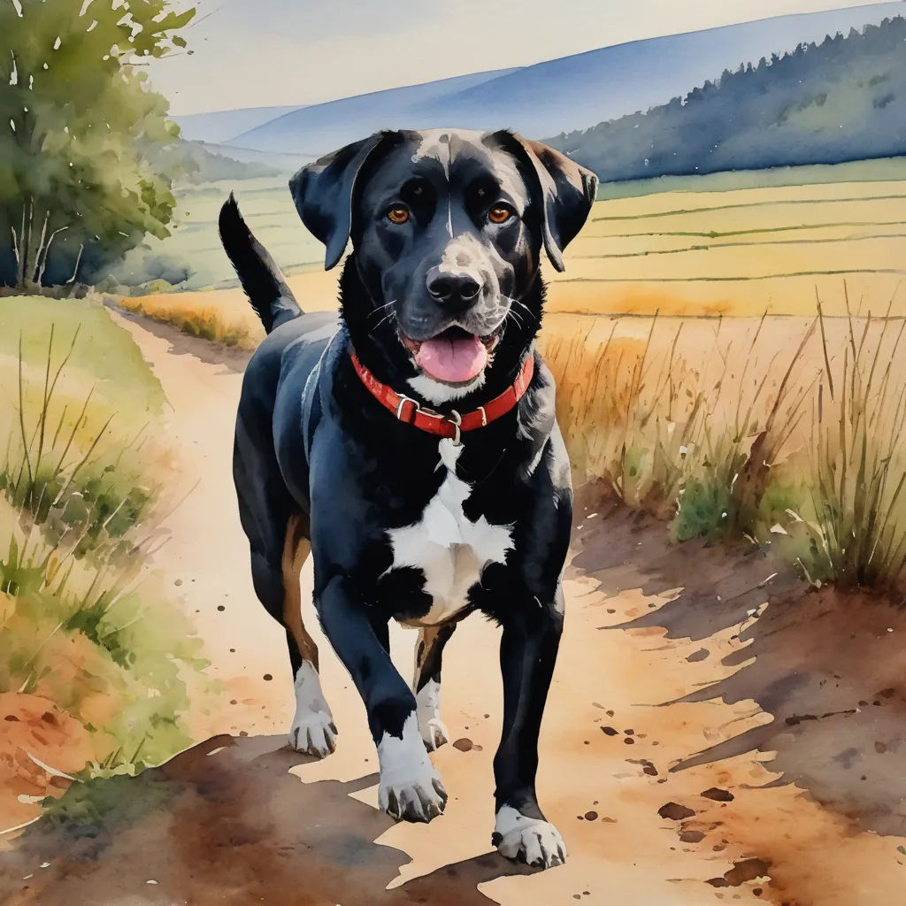 a painting of a dog on a dirt path in a field with a tree and hills in the background, photorealism, a watercolor painting, Alison Watt, in gouache detailed paintings