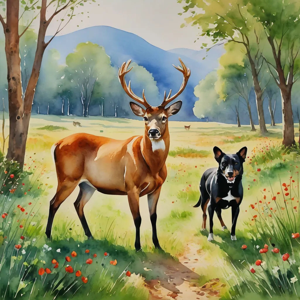 a painting of two deer standing in a field with trees and flowers in the background and a dog running towards the camera, american scene painting, an airbrush painting, Brian Despain, storybook illustration