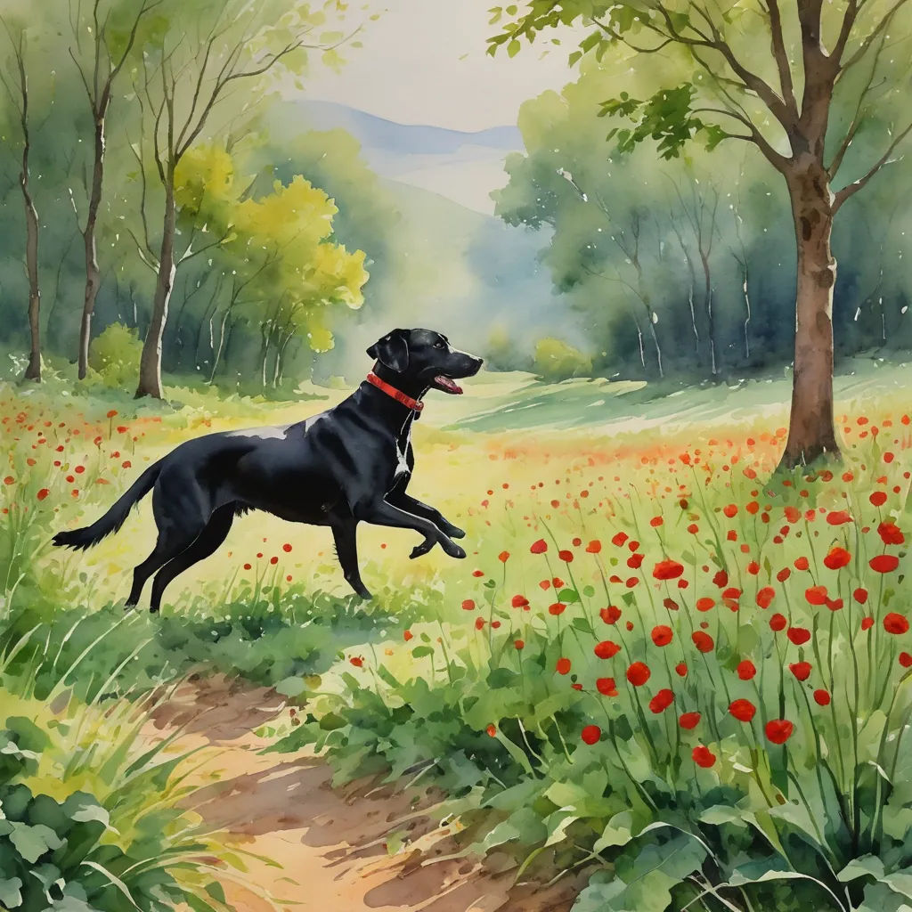 a painting of a dog running through a field of flowers and trees with a red collar on his collar, naive art, a watercolor painting, David Brewster, in gouache detailed paintings