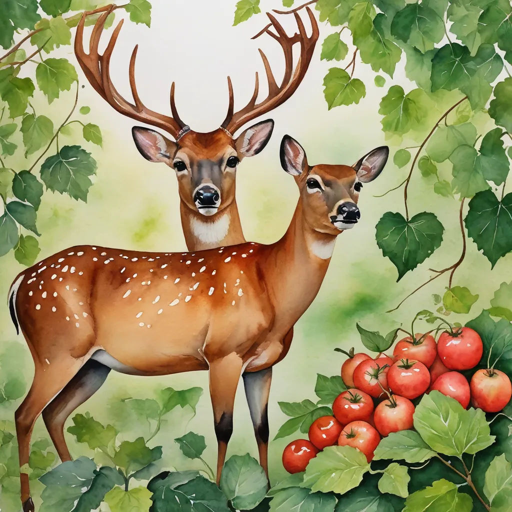 a painting of two deer standing next to each other on a green background with leaves and tomatoes on the ground, naive art, a watercolor painting, Anthony Devas, in gouache detailed paintings