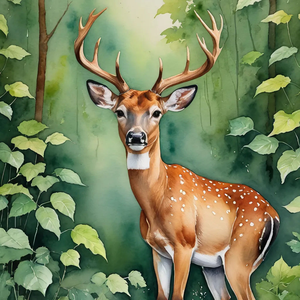 a painting of a deer in a forest with leaves on the ground and a green background with trees and bushes, american scene painting, a watercolor painting, Claire Hummel, leesha hannigan