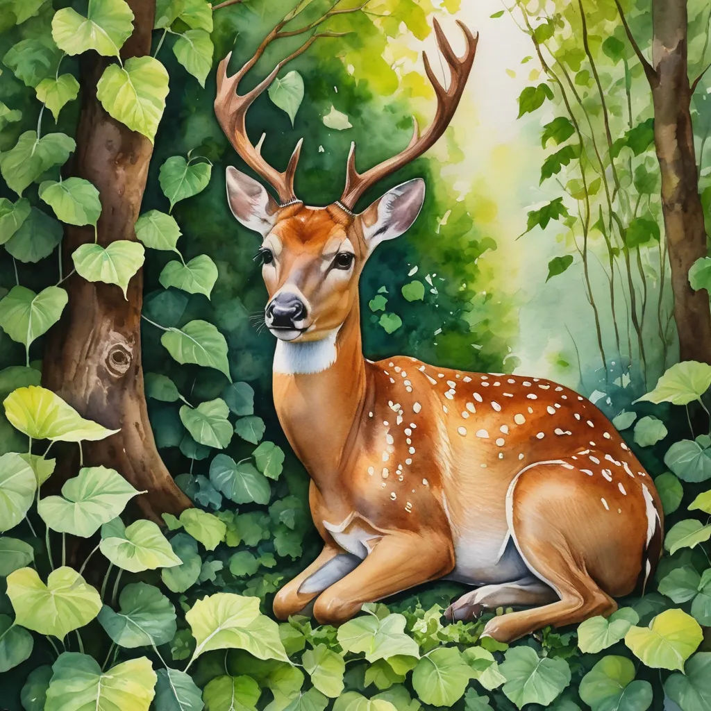 a painting of a deer sitting in the woods with green leaves around it's neck and a tree in the background, magic realism, a watercolor painting, Claire Hummel, in gouache detailed paintings