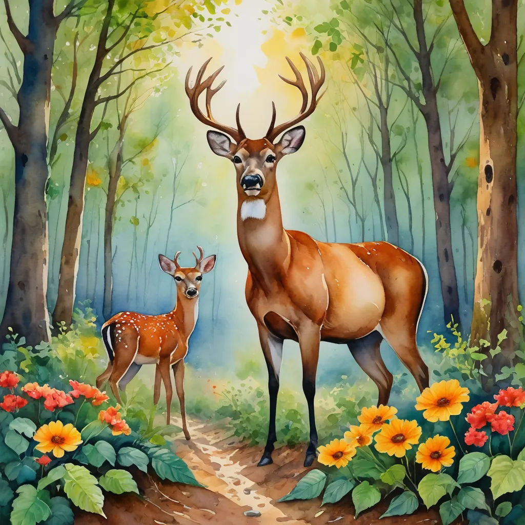 a painting of two deer in a forest with flowers and trees in the background, with a sun shining through the trees, naive art, an airbrush painting, Chris LaBrooy, highly detailed digital painting