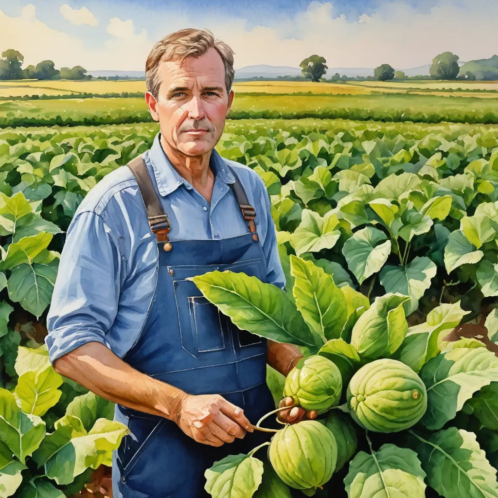 a painting of a man holding a large green plant in a field of green leaves and a blue shirt, american realism, a photorealistic painting, F. Scott Hess, extremely detailed oil painting
