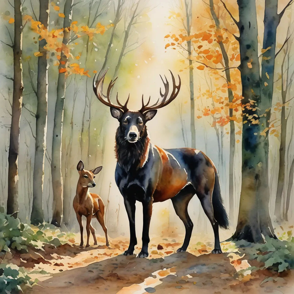 a painting of a deer and a deer in a forest with leaves on the ground and trees in the background, modern european ink painting, a watercolor painting, Anato Finnstark, in gouache detailed paintings