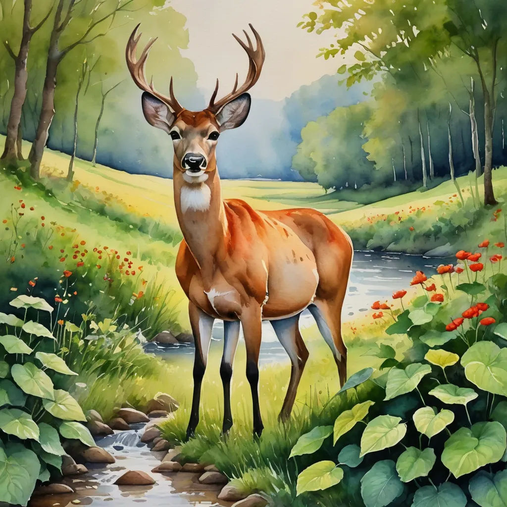 a painting of a deer standing in a field next to a stream of water and flowers on the ground, american scene painting, an airbrush painting, Chris LaBrooy, detailed painting