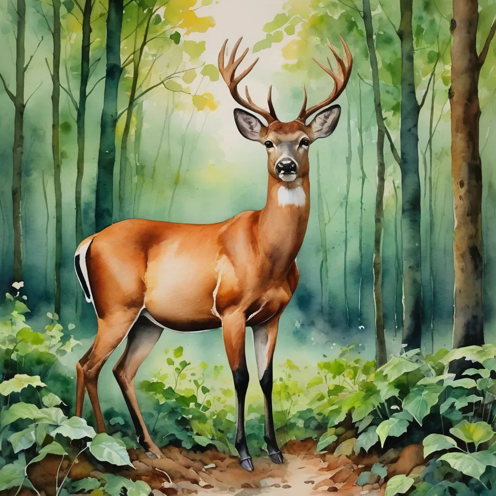 a painting of a deer in a forest with trees and leaves on the ground and a path leading to it, american scene painting, a watercolor painting, Claire Hummel, in gouache detailed paintings