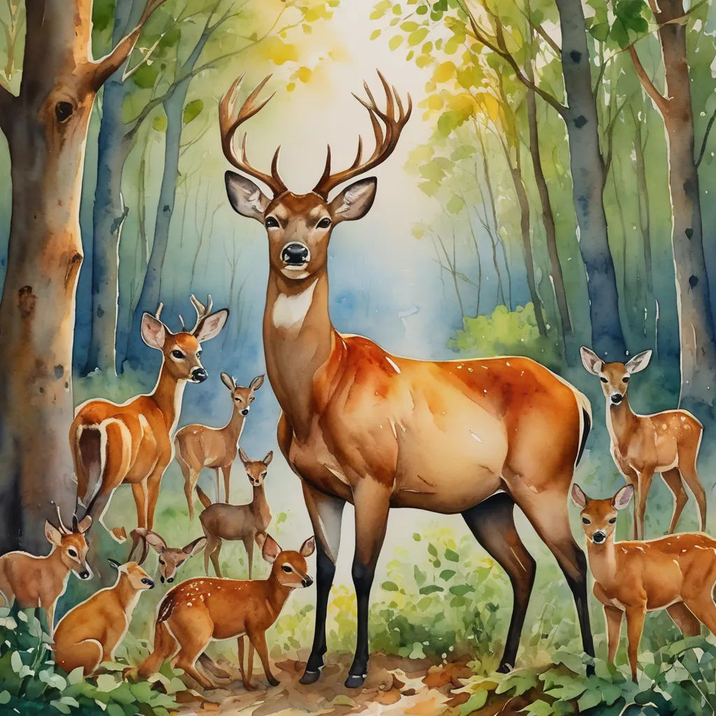 a painting of a deer and her babies in the woods with sun shining through the trees behind them and a forest scene with deer, furry art, a storybook illustration, Chris LaBrooy, furaffinity