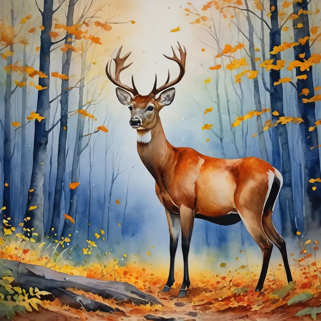 a painting of a deer standing in a forest with leaves on the ground and trees in the background with yellow leaves on the ground, american scene painting, an airbrush painting, Daphne McClure, realistic painting