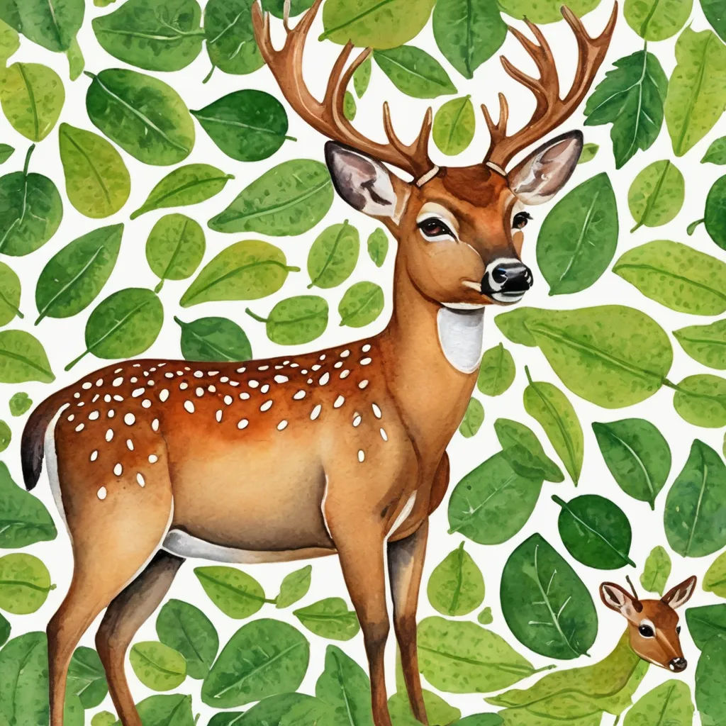 a painting of a deer and a baby deer in a forest with green leaves and leaves on a white background, naive art, a storybook illustration, Claire Hummel, in gouache detailed paintings