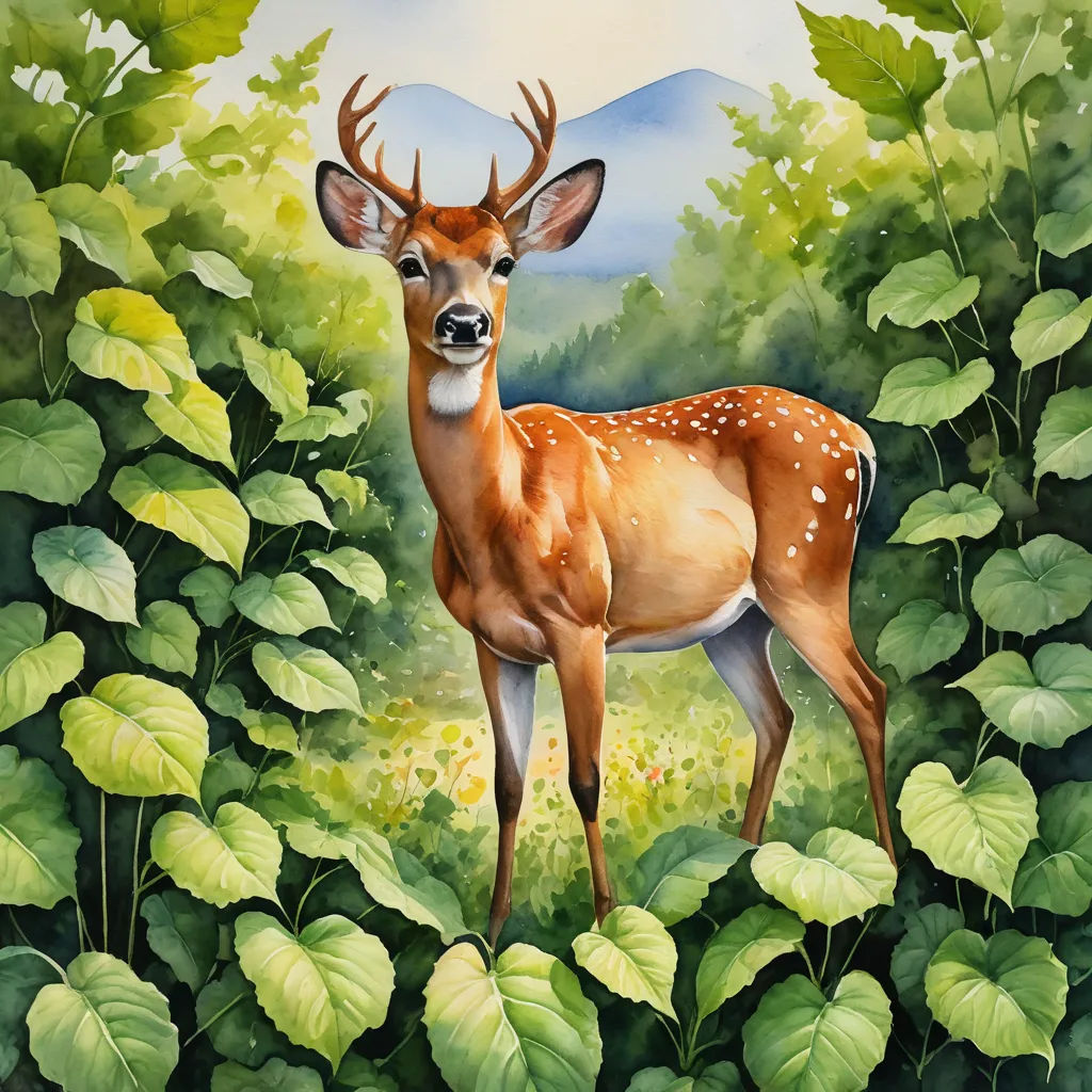 a painting of a deer in a forest with green leaves and mountains in the background, with a blue sky, magic realism, an airbrush painting, Chris LaBrooy, in gouache detailed paintings