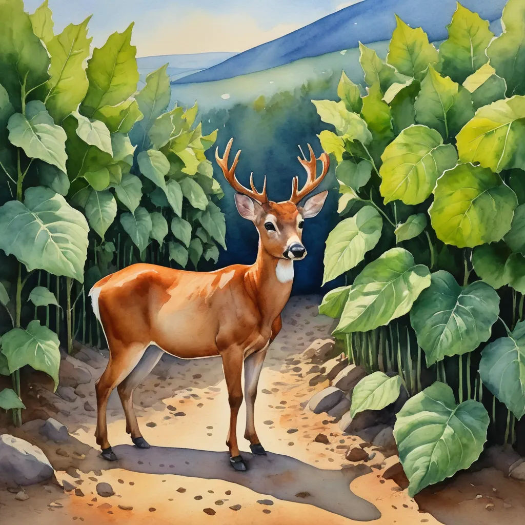 a painting of a deer standing in the middle of a forest with green leaves on the ground and a mountain in the background, american scene painting, an airbrush painting, Carol Sutton, walton ford